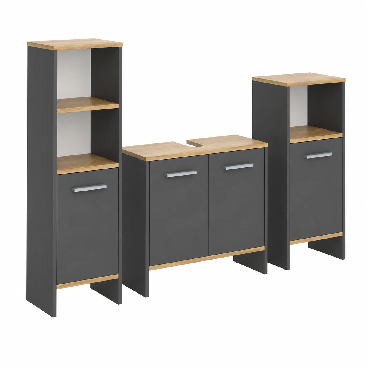 Vicco Badezimmermöbel-Set Karli, Anthrazit/Goldeneiche, mit Waschtischunterschrank, Spiegelschrank und hohem Schrank, 131,4 cm