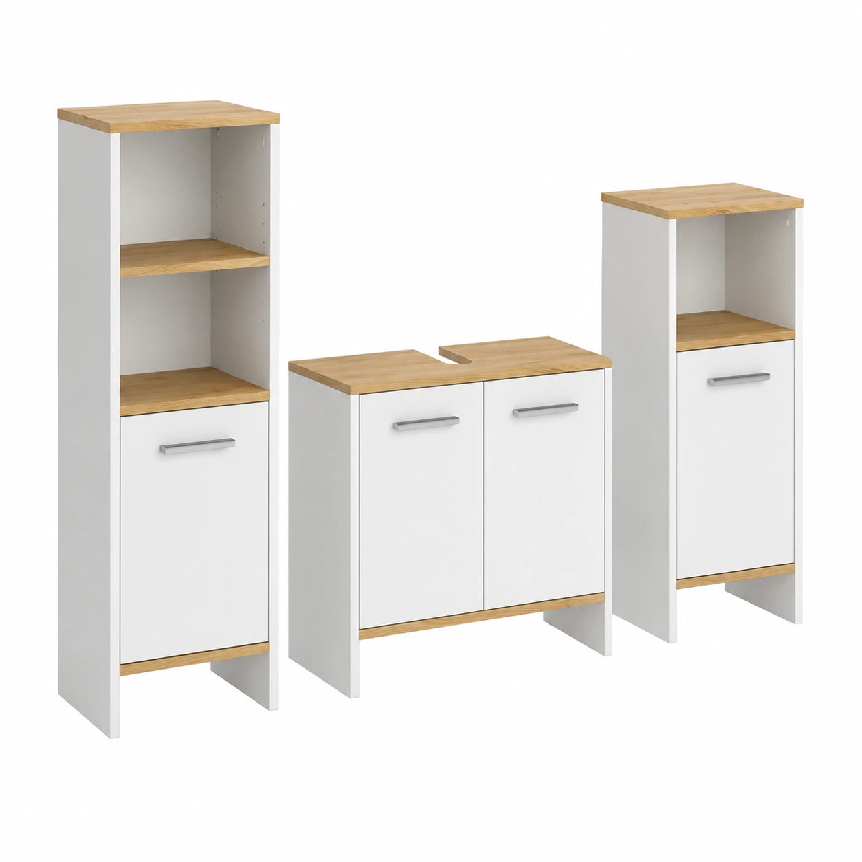 Vicco Badmöbel-Set Karli, Weiß/Goldeneiche, 131,4 cm, inkl. Waschbeckenunterschrank, Spiegelschrank und Midischrank