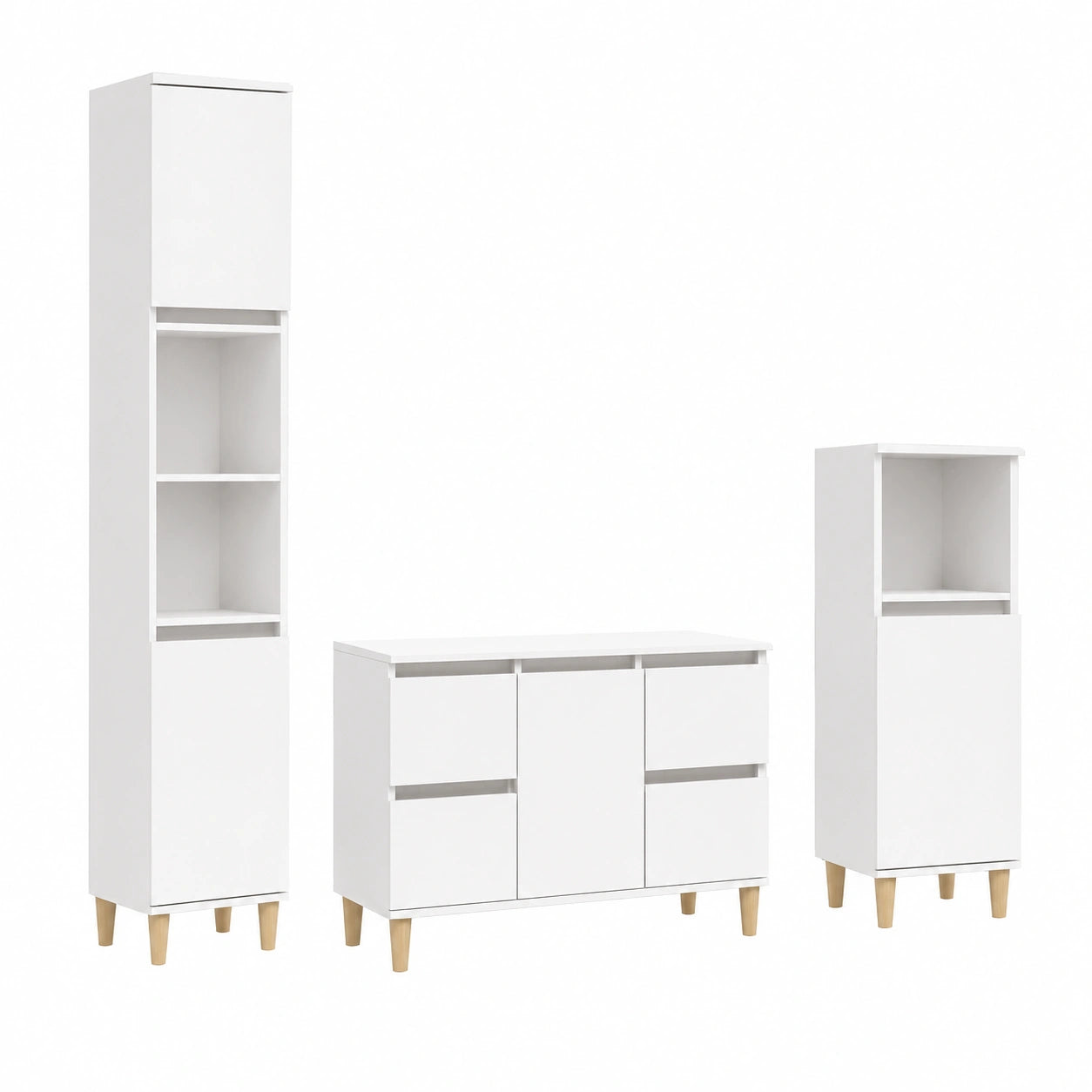 3-teiliges Badmöbel-Set mit Holzbeinen, Hochschrank und Unterschrank in Weiß