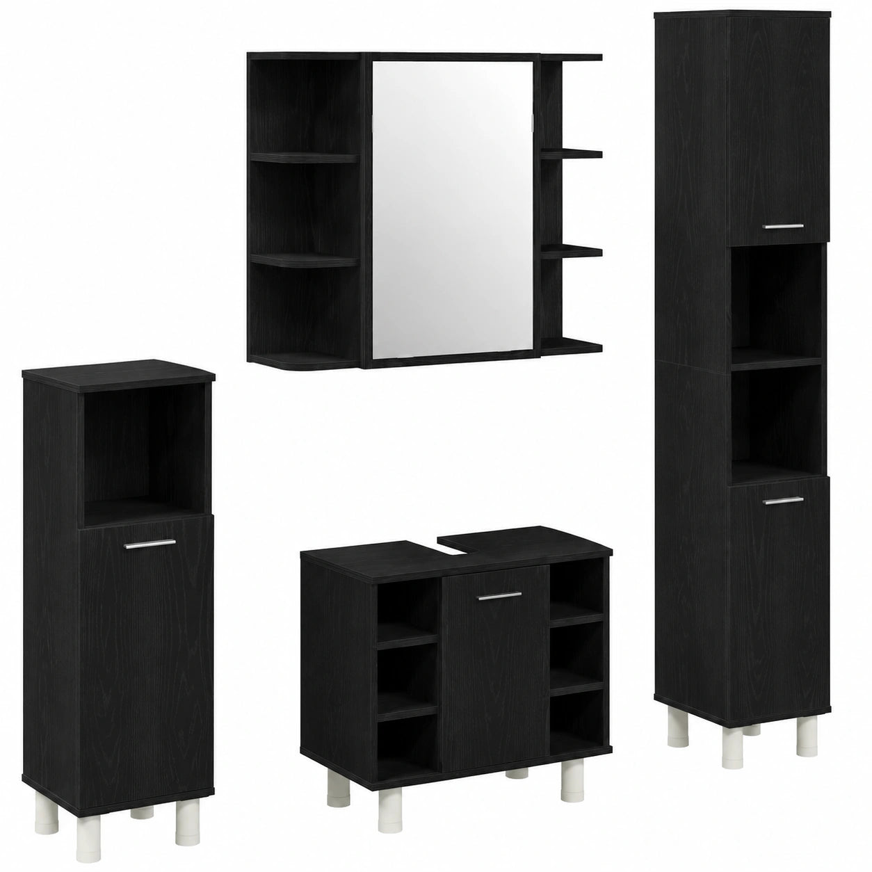 Modernes Badezimmermöbel-Set, 4-teilig, Schwarz und Eiche mit Spiegel und Stauraum