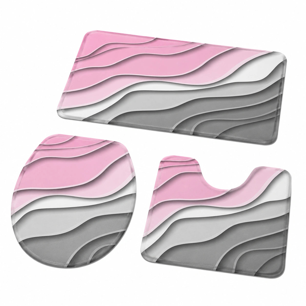 3-teiliges Badteppich-Set, modern geometrisch in Rosa und Grau, atmungsaktive Badezimmer-Garnitur