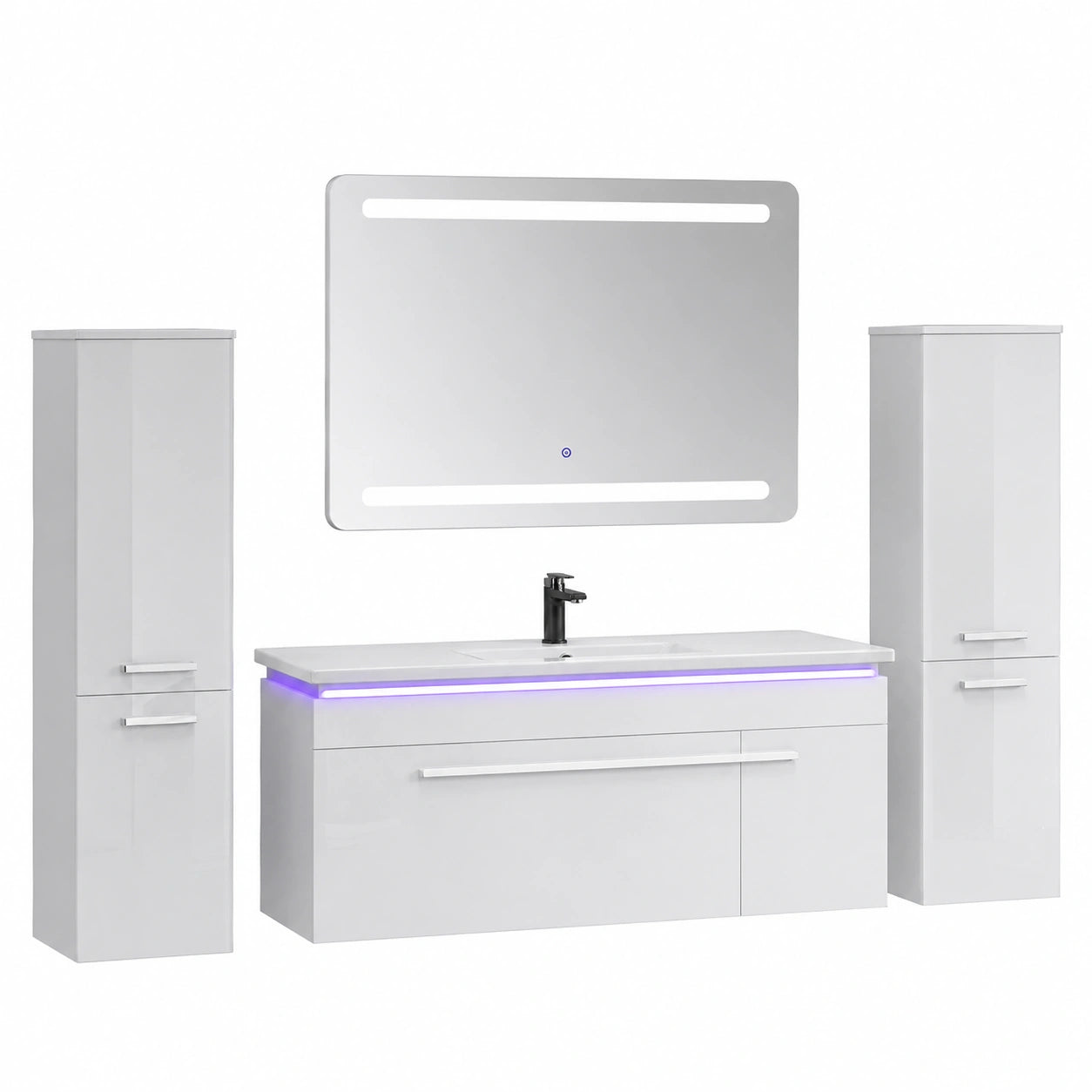 Modernes Badmöbel-Set 90cm Weiß mit Eckspiegel und Doppelseitenschränken
