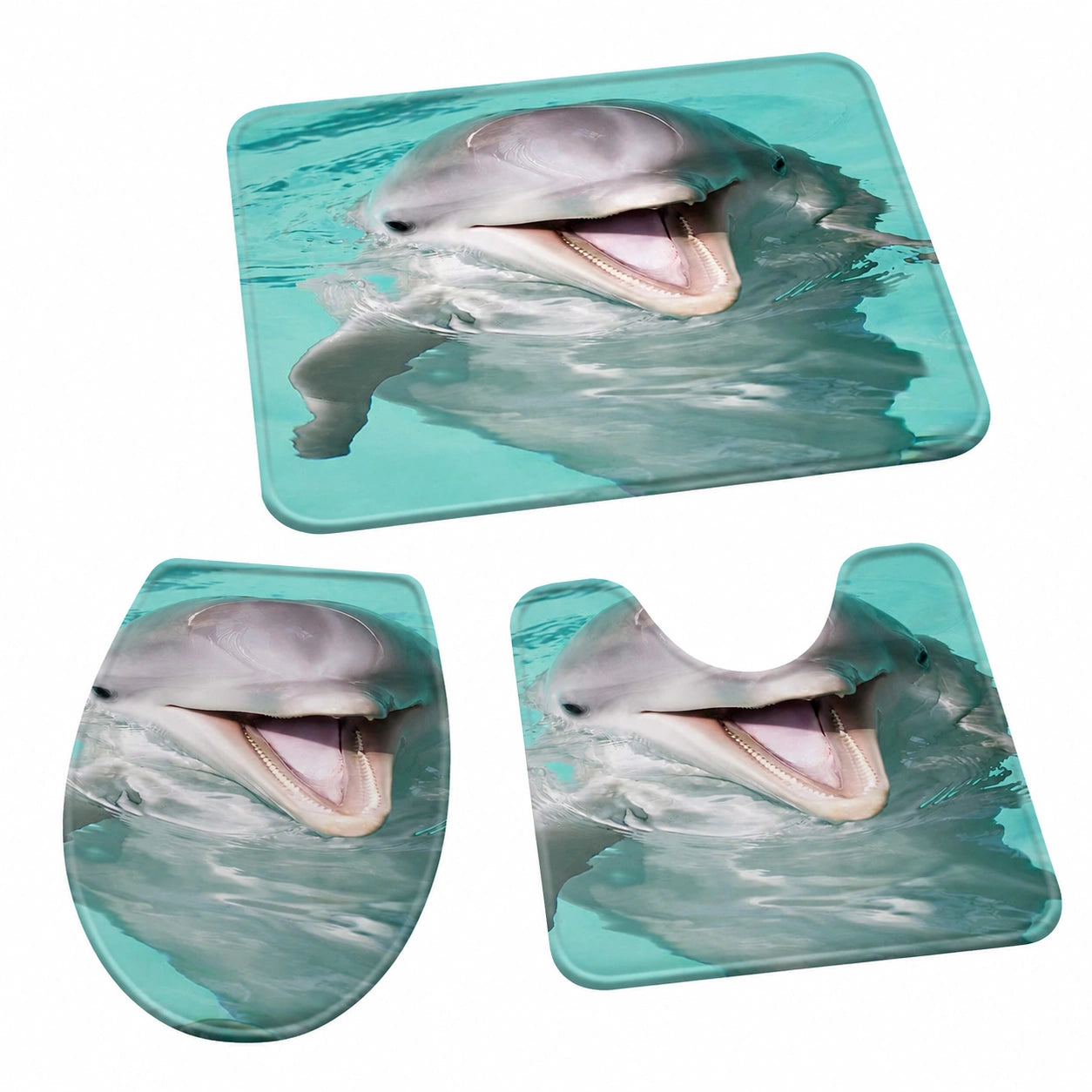 3-teiliges Badezimmerteppich-Set mit Delfin-Motiv, rutschfest und saugfähig für WC, Dusche und Schlafzimmer