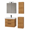 Modernes Badmöbel-Set: Waschbecken mit Unterschrank 63x60x36,5 cm, Spiegelschrank 60 cm LED, Schwarz Matt & Steckdose, inkl. 2x Midischrank, Goldene Eiche