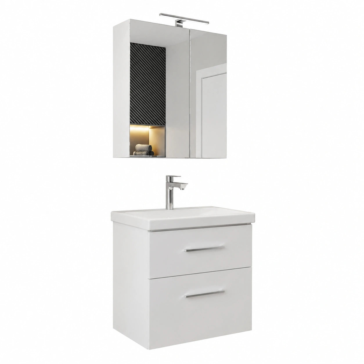 Modernes Badmöbel-Set mit Waschbecken, Unterschrank und LED-Spiegelschrank, Schwarz und Weiß, 63 x 60 x 36,5 cm