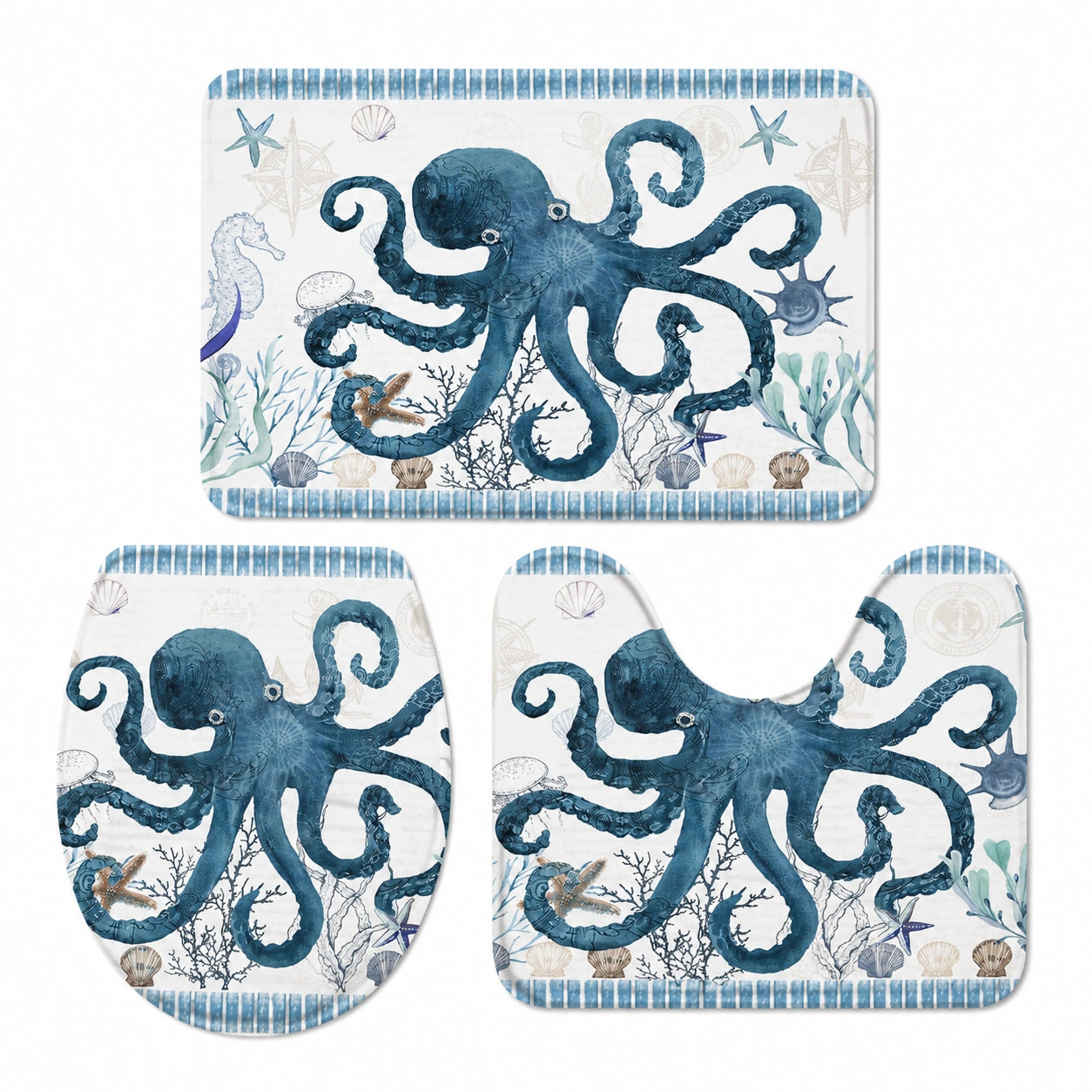 3-teiliges Badezimmerteppich-Set mit Streifendesign, Weich und Wasserabsorbierend, inklusive Vorleger und WC-Deckelbezug