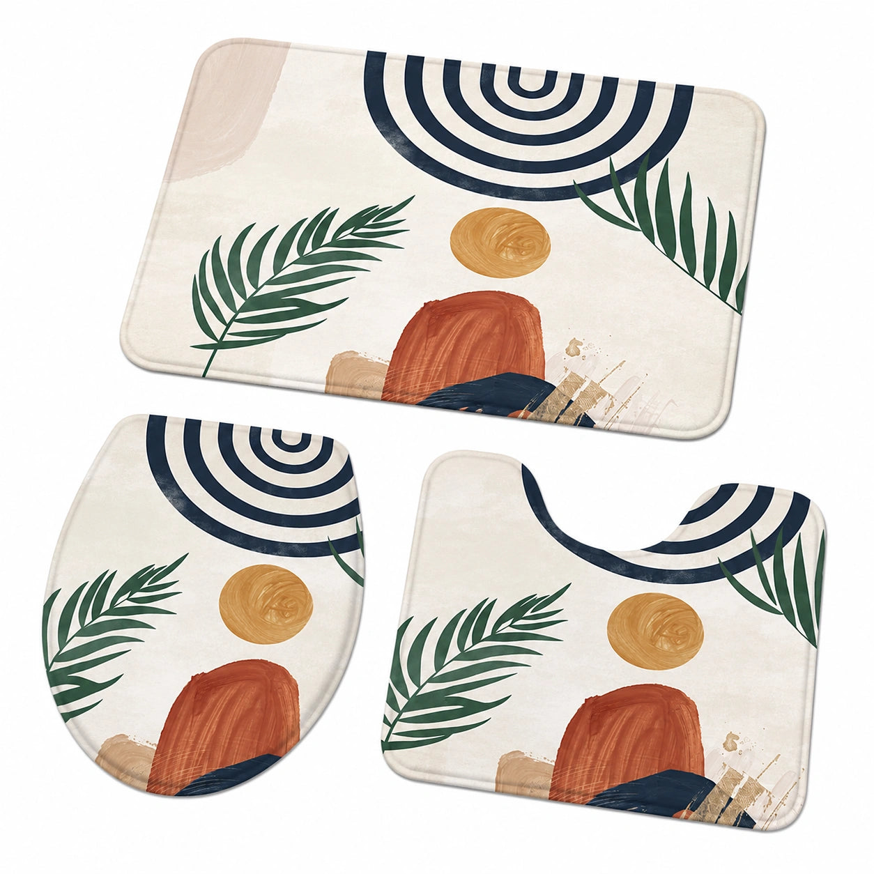 Abstraktes 3-teiliges Badezimmerteppich-Set im Boho-Stil - Weicher, atmungsaktiver Badvorleger mit U-förmigem WC-Vorleger