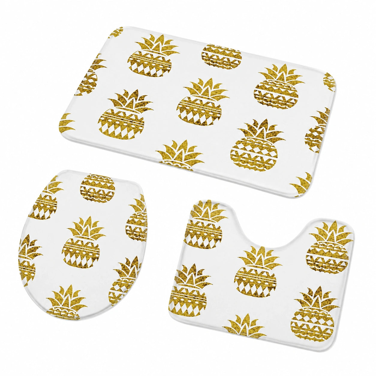 3-teiliges Badteppich-Set mit Gold-Ananas-Druck, rutschfest und saugfähig