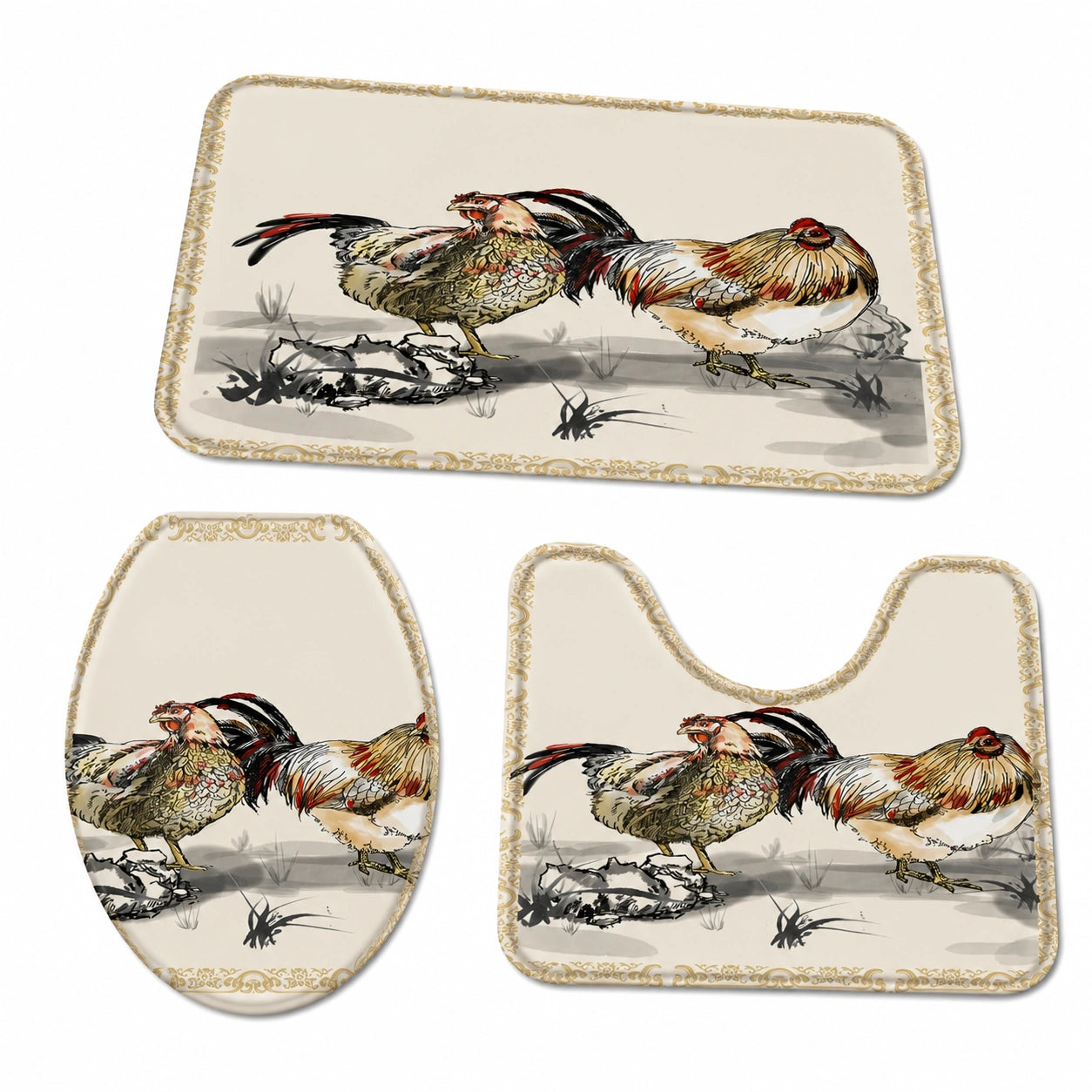 3-teiliges Badteppich-Set mit rustikalem Bauernhof-Design, weiche und saugfähige U-förmige Vorleger, WC-Deckelbezug und Duschmatte