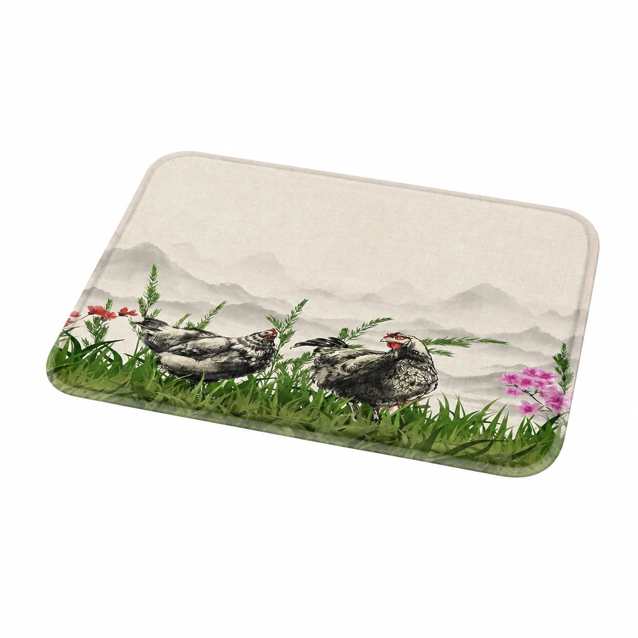 3-teiliges Badezimmerteppich-Set mit rustikalem Hahn-Design und Blumenmuster, weicher U-förmiger rutschfester Vorleger für Schlafzimmer und WC-Deckel