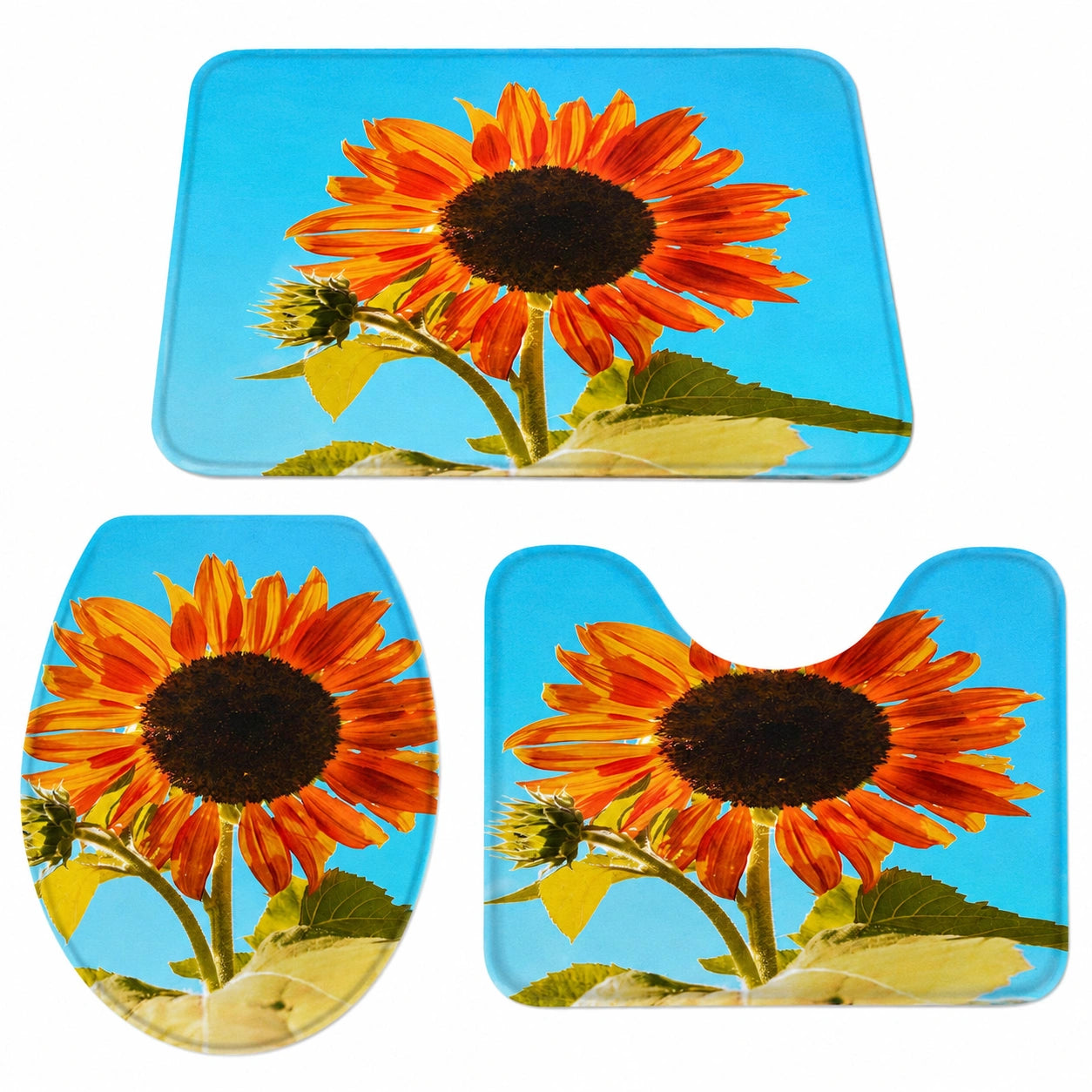 Sonnenblumen Badteppich Set, 3-teilig, Weich und Saugfähig, U-förmiger WC-Deckelbezug