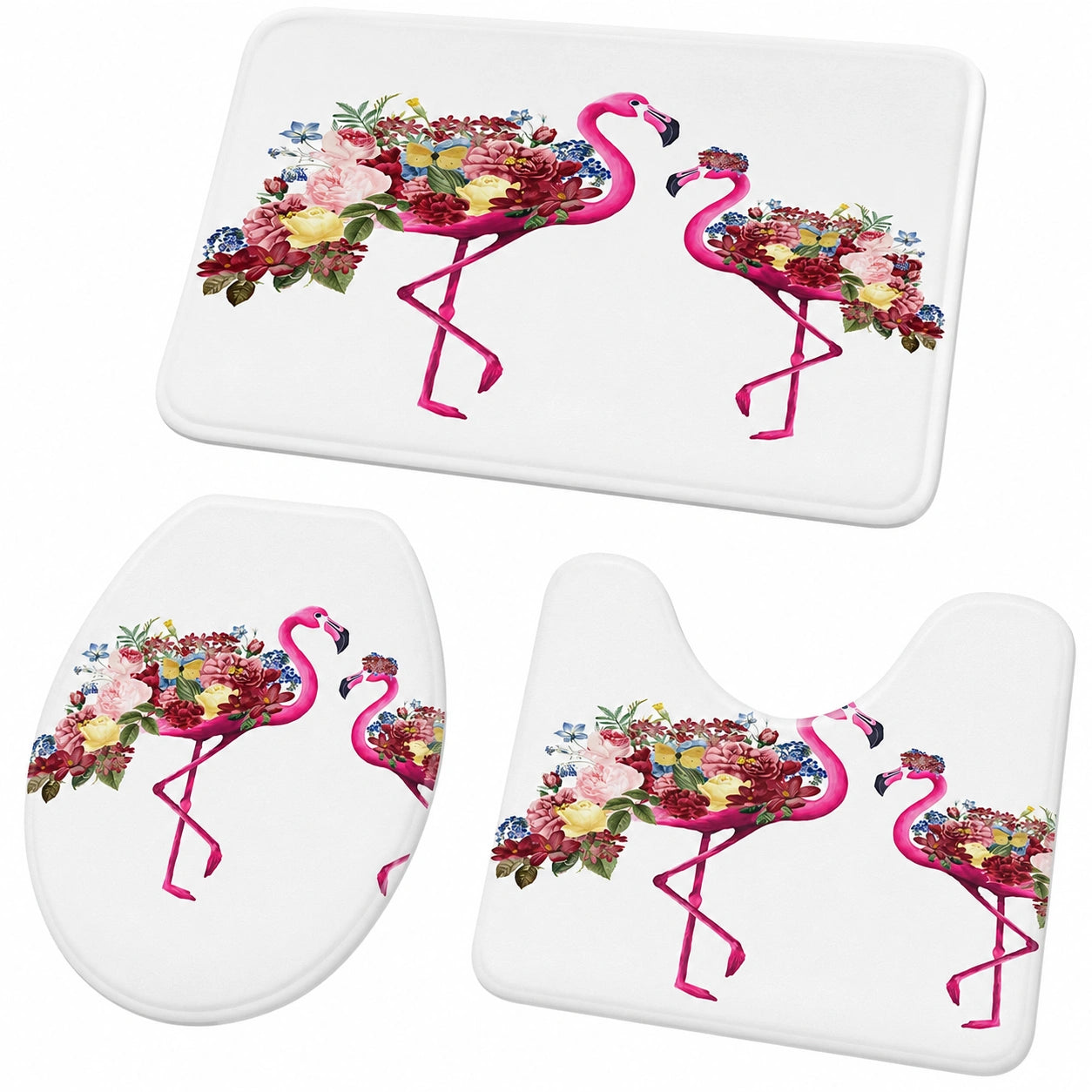 Flamingo Badematten-Set 3-teilig mit Blumenmuster, rutschfest und saugfähig