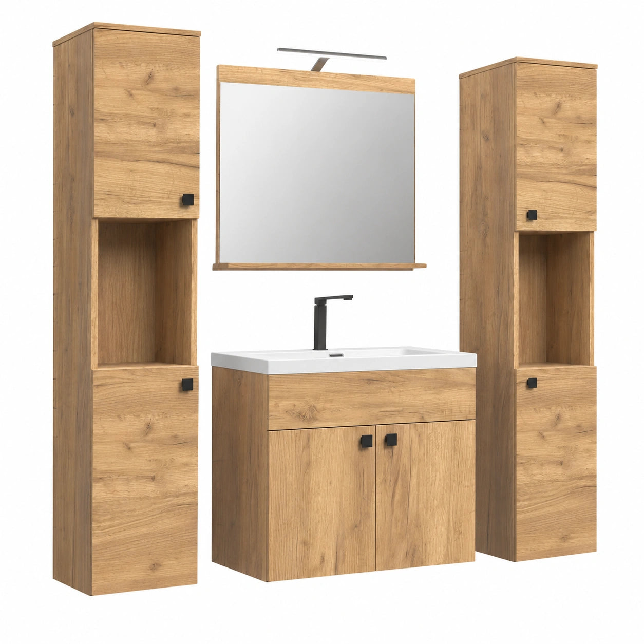 Modernes Badmöbel-Set Haven in Eiche mit Hängeschrank und Keramik-Waschbecken, inklusive Hochschränken und Spiegel