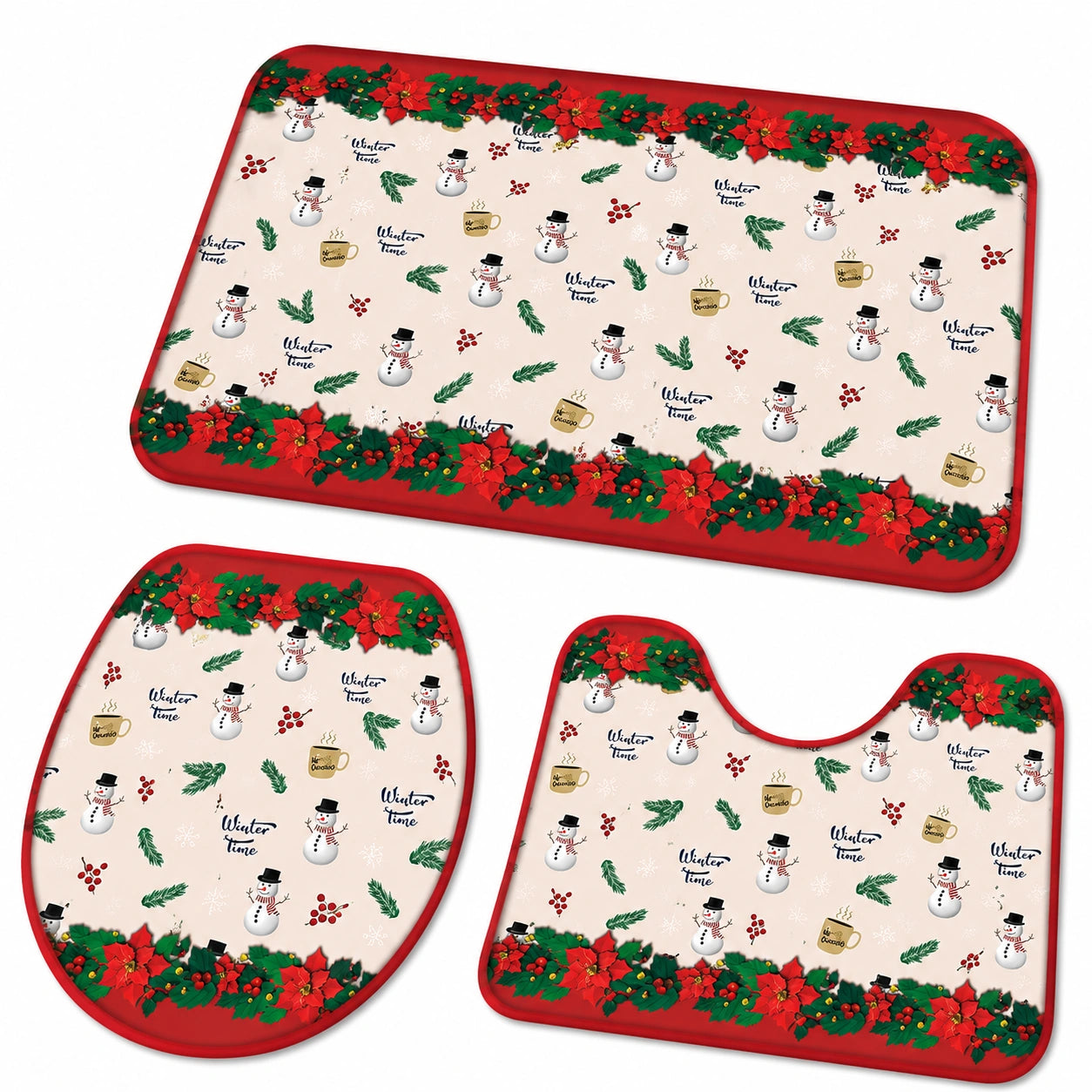Weihnachts-Badteppich-Set 3-teilig mit Schneemann-Motiv für Badezimmer und WC
