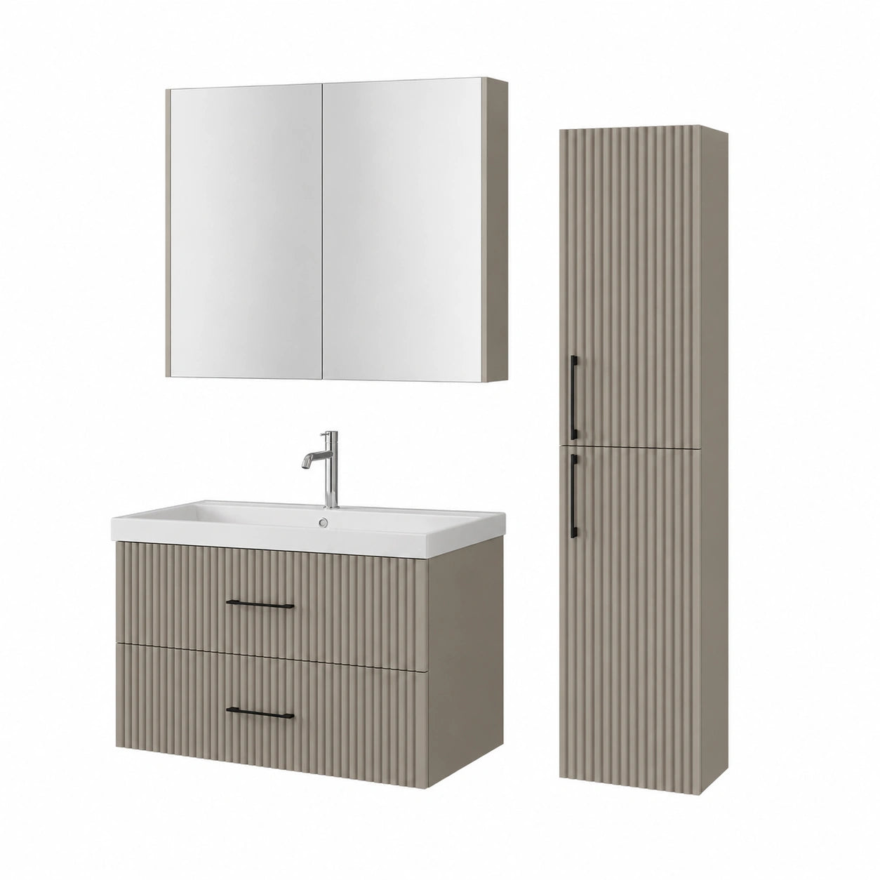 Liana Badmöbelset 80 cm: Keramikwaschbecken, Unterschrank & Spiegelschrank, Softclose, Riffeloptik, Eleganter Stil